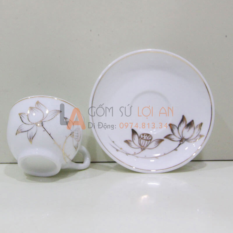 Ấm chén minh long hoa sen, vàng kim- chén đĩa
