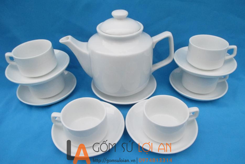 Ấm chén vuông cao men trắng