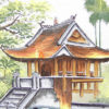 tranh sứ hà Nội - Chùa một cột- chi tiết chùa