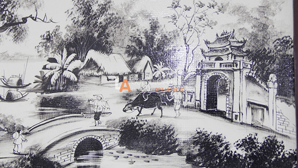 tranh sứ làng quê cây đa cổng làng đen trắng- trâu