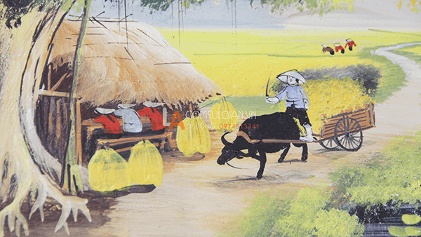 tranh sứ làng quê- quán nước đầu làng-chăn trâu